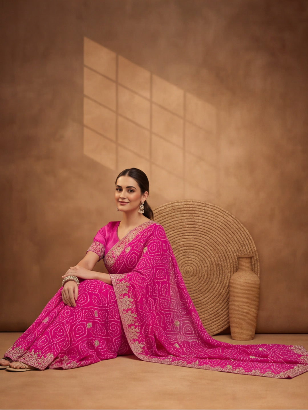 Pink Bandhani Printed Saree with Embroidered Border