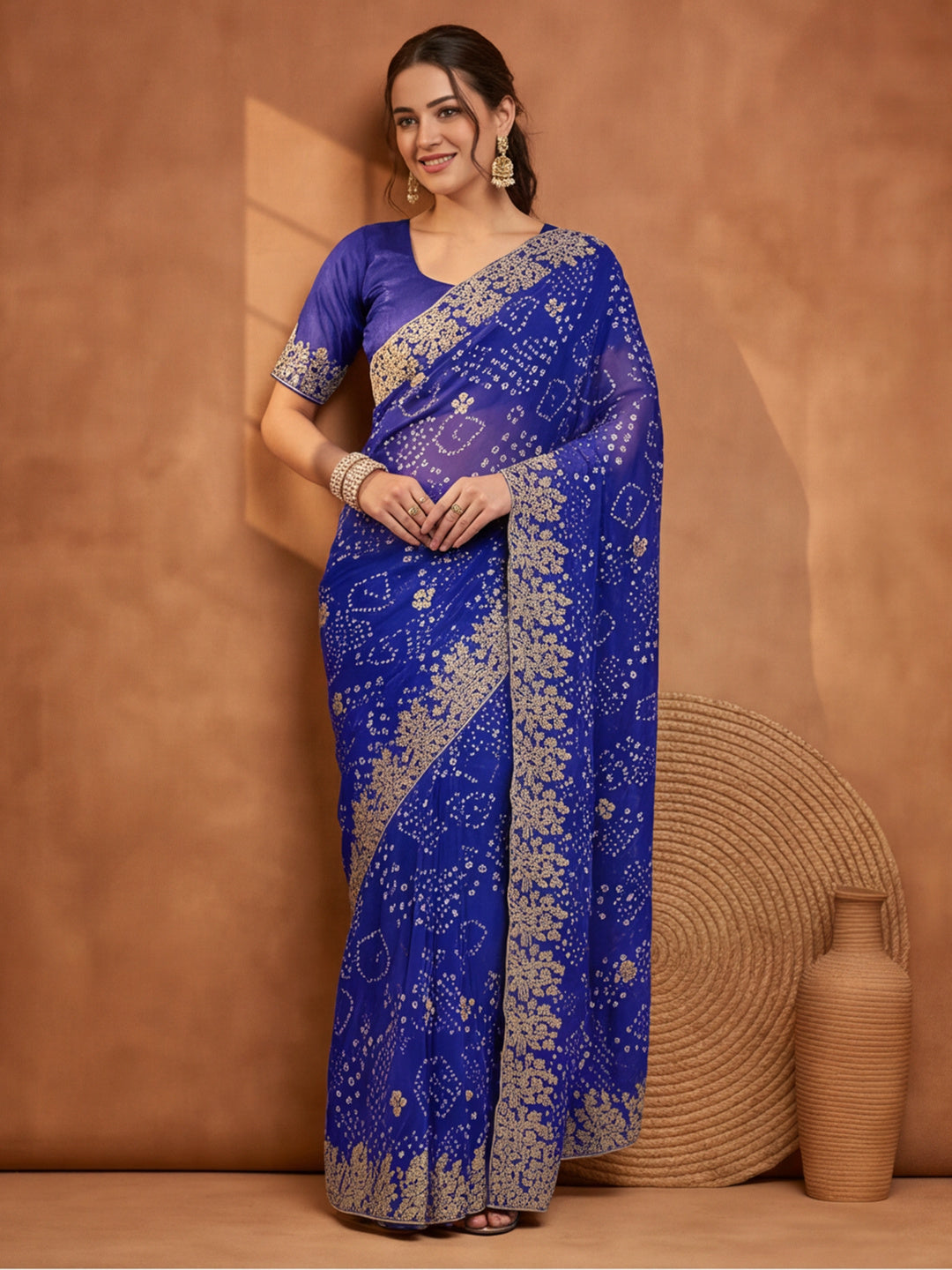 Blue Bandhani Printed Saree with Embroidered Border
