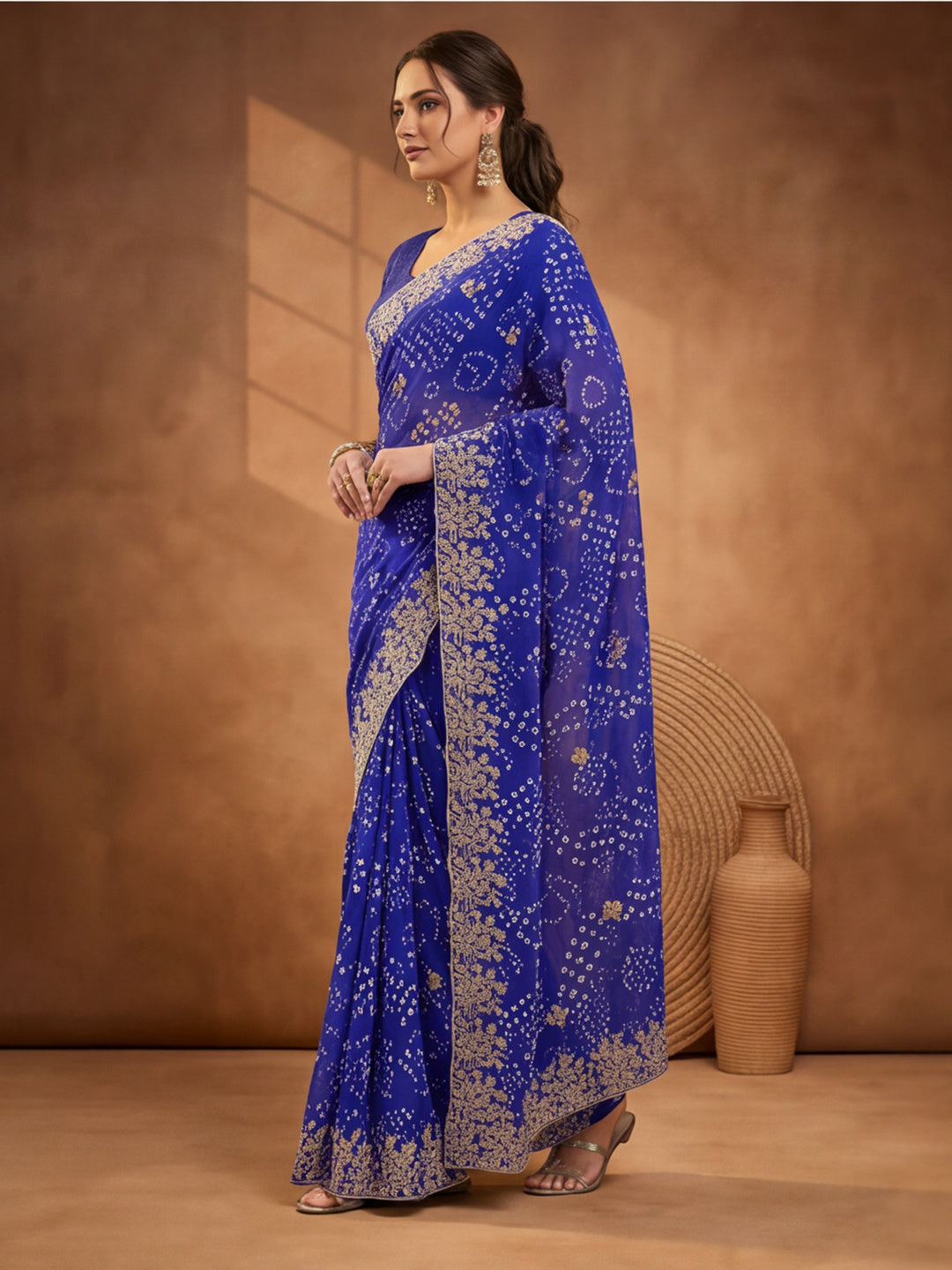 Blue Bandhani Printed Saree with Embroidered Border