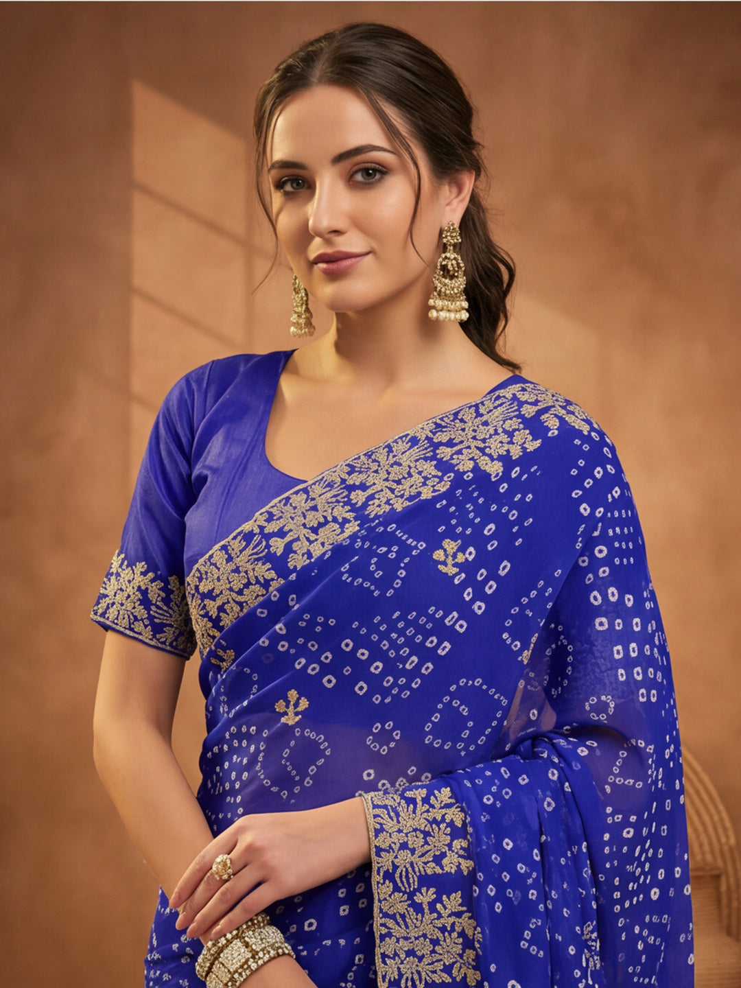 Blue Bandhani Printed Saree with Embroidered Border