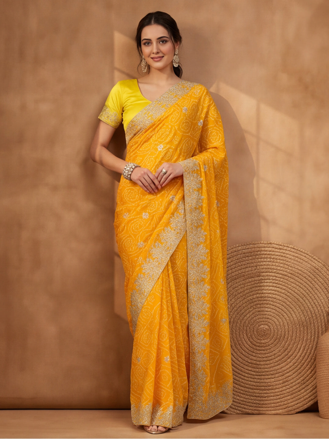 Yellow Bandhani Printed Saree with Embroidered Border