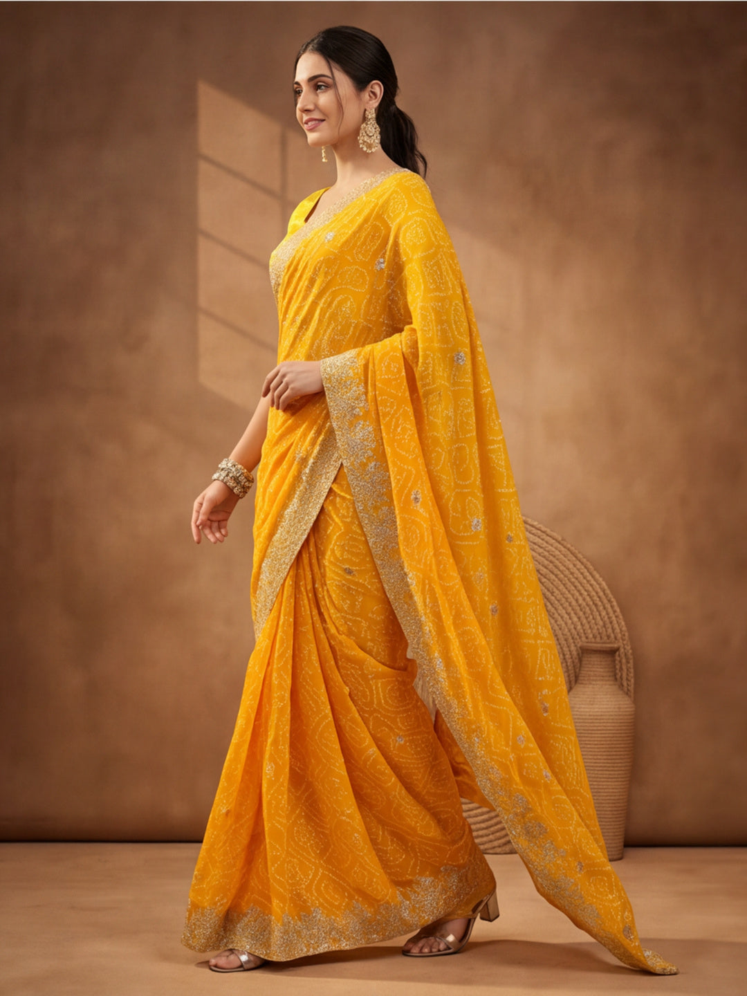 Yellow Bandhani Printed Saree with Embroidered Border