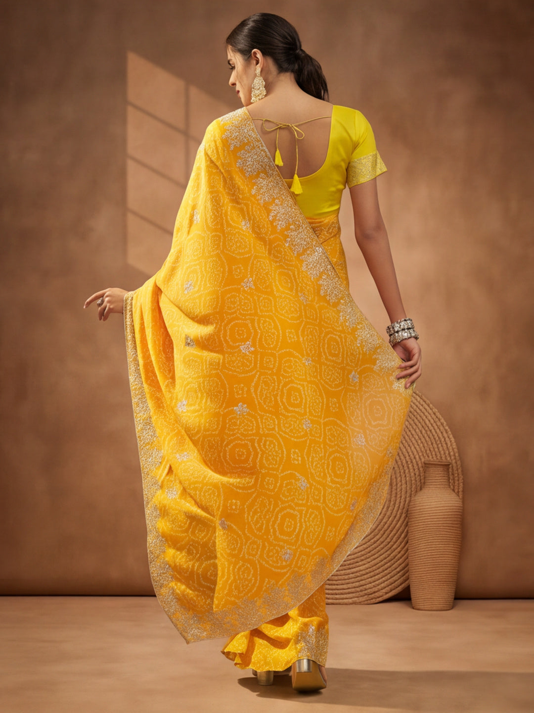 Yellow Bandhani Printed Saree with Embroidered Border