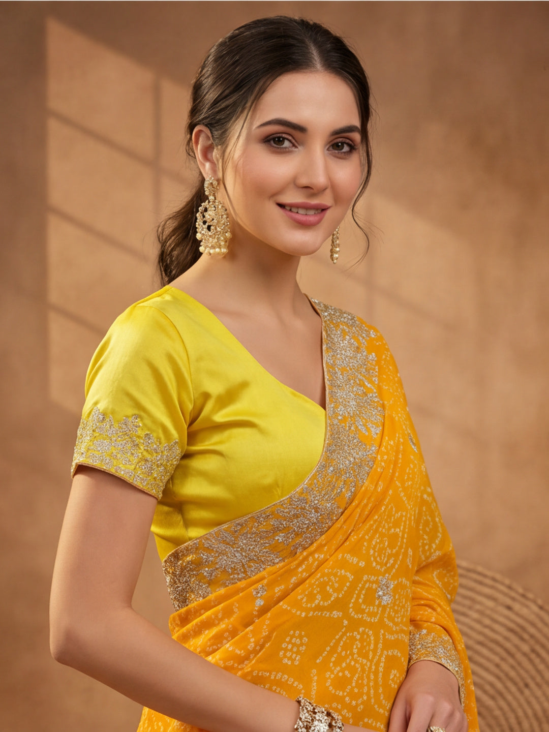 Yellow Bandhani Printed Saree with Embroidered Border
