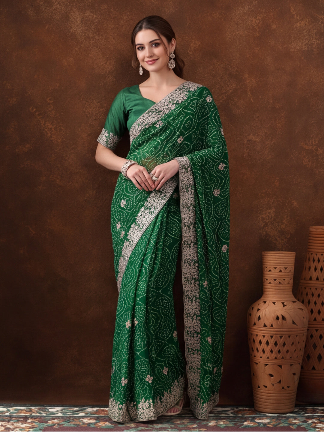 Green Bandhani Printed Saree with Embroidered Border