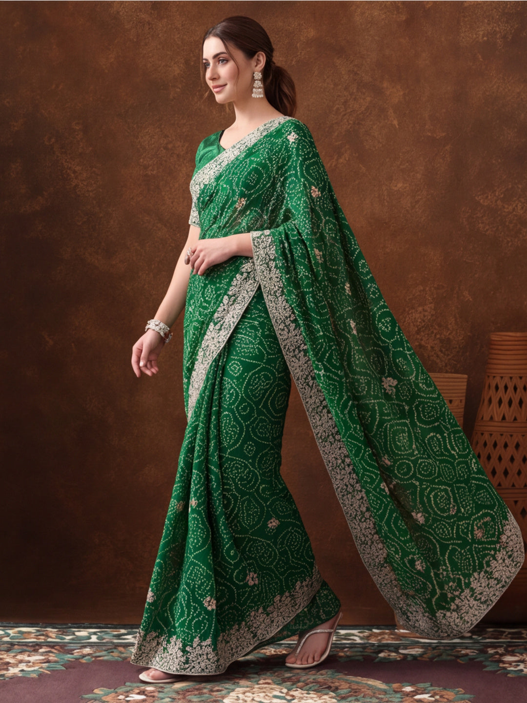 Green Bandhani Printed Saree with Embroidered Border