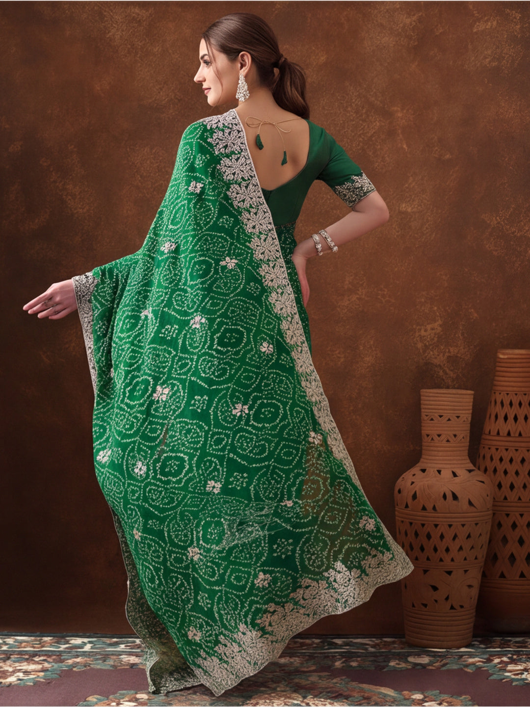 Green Bandhani Printed Saree with Embroidered Border