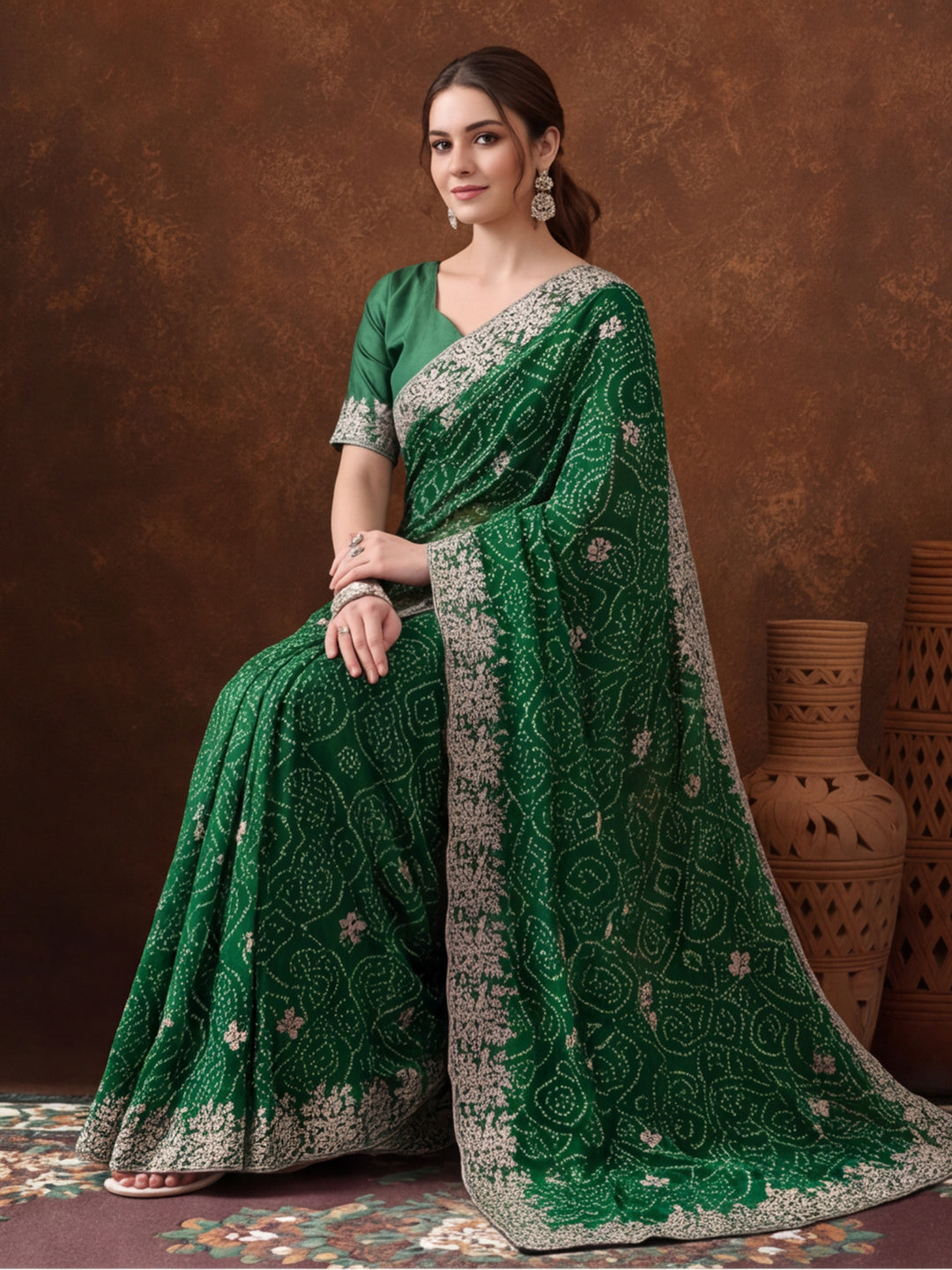 Green Bandhani Printed Saree with Embroidered Border