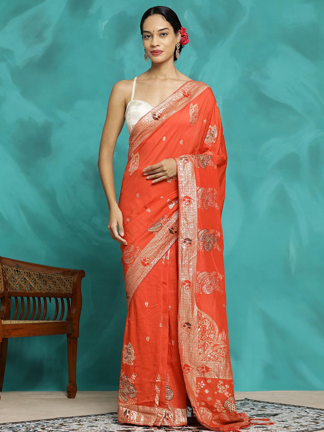 Orange Zari Woven Heavy Banarasi Saree