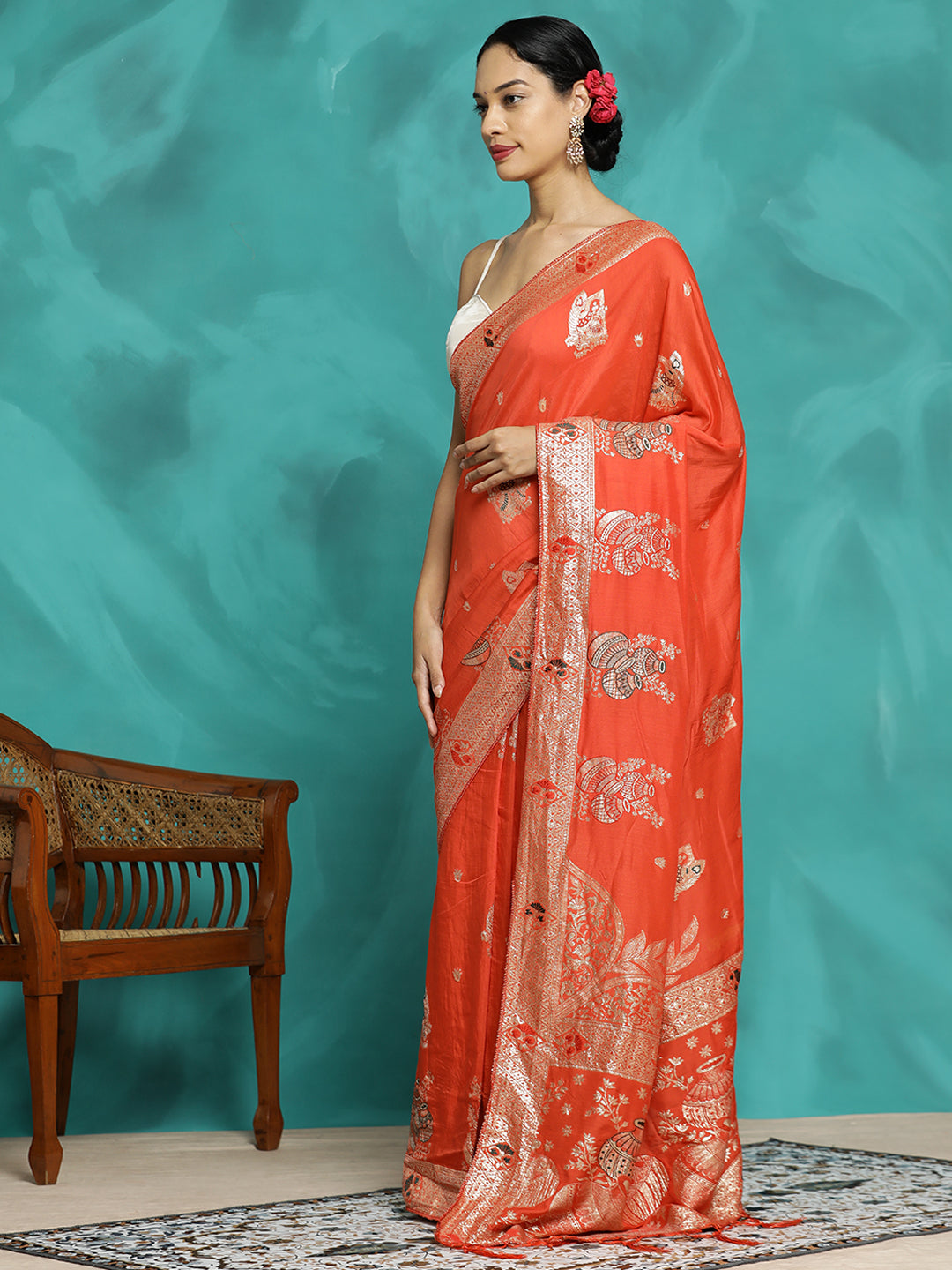 Orange Zari Woven Heavy Banarasi Saree