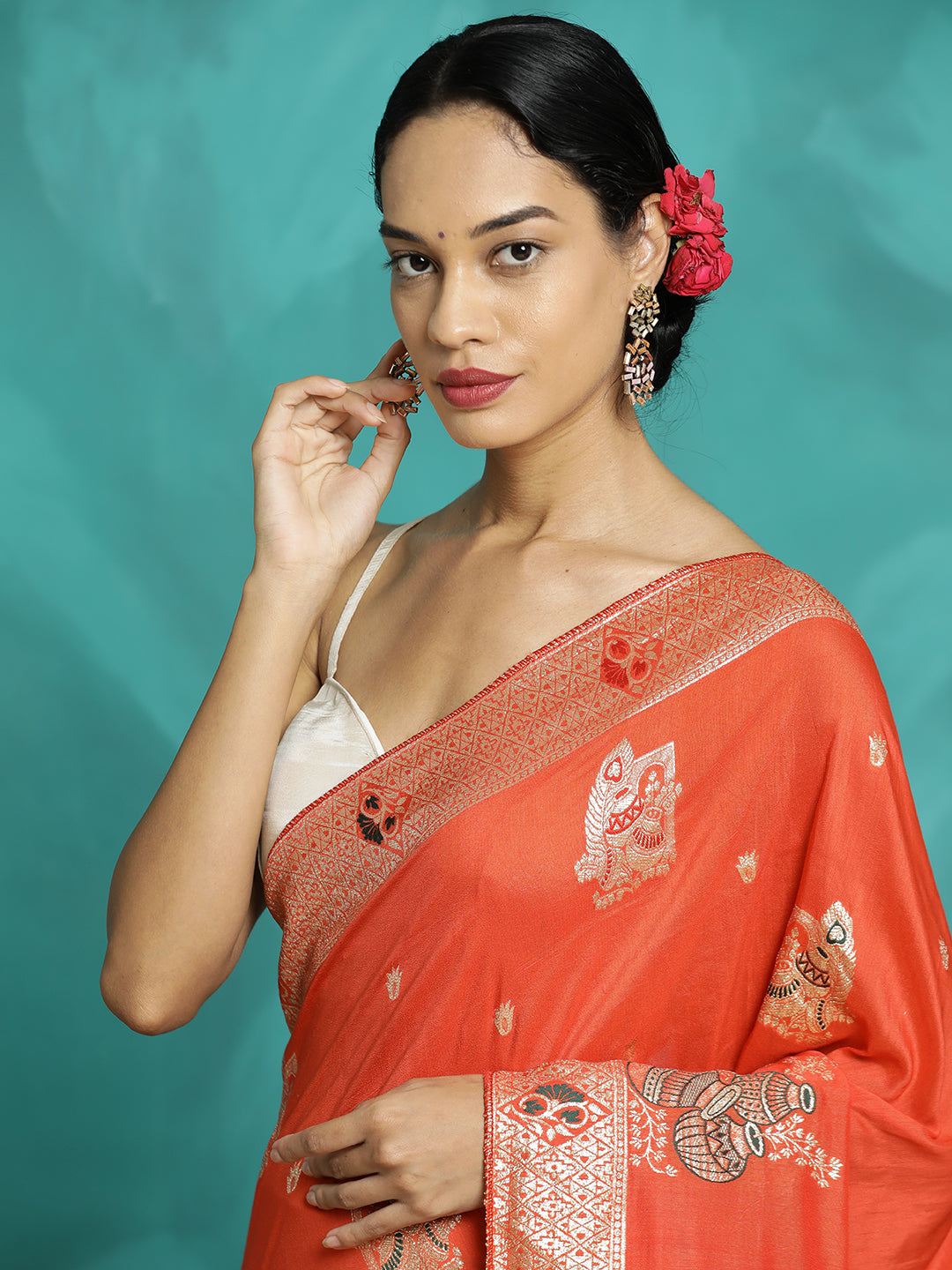 Orange Zari Woven Heavy Banarasi Saree