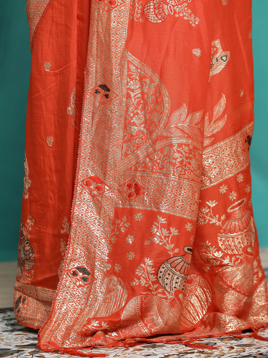 Orange Zari Woven Heavy Banarasi Saree