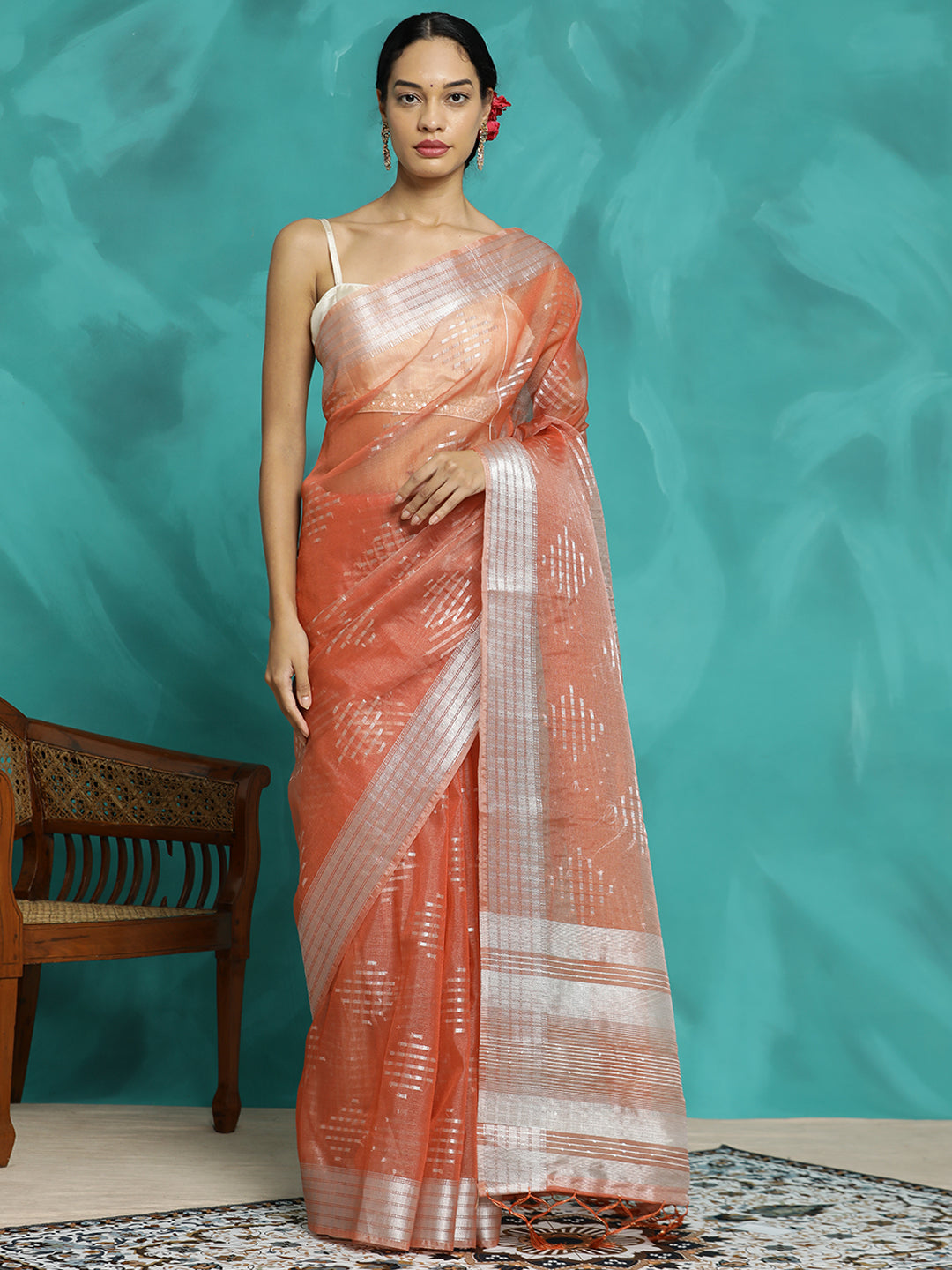 Party Wear Banarasi Organza Peach Saree