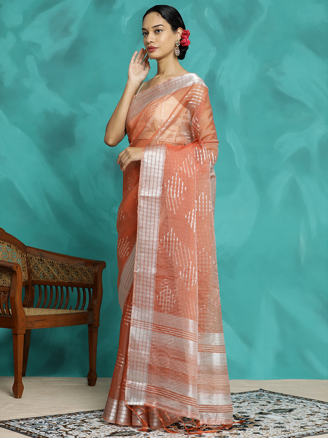 Party Wear Banarasi Organza Peach Saree