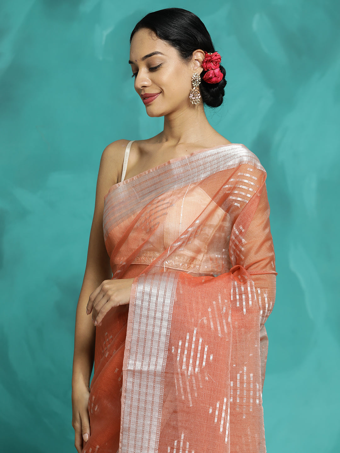 Party Wear Banarasi Organza Peach Saree