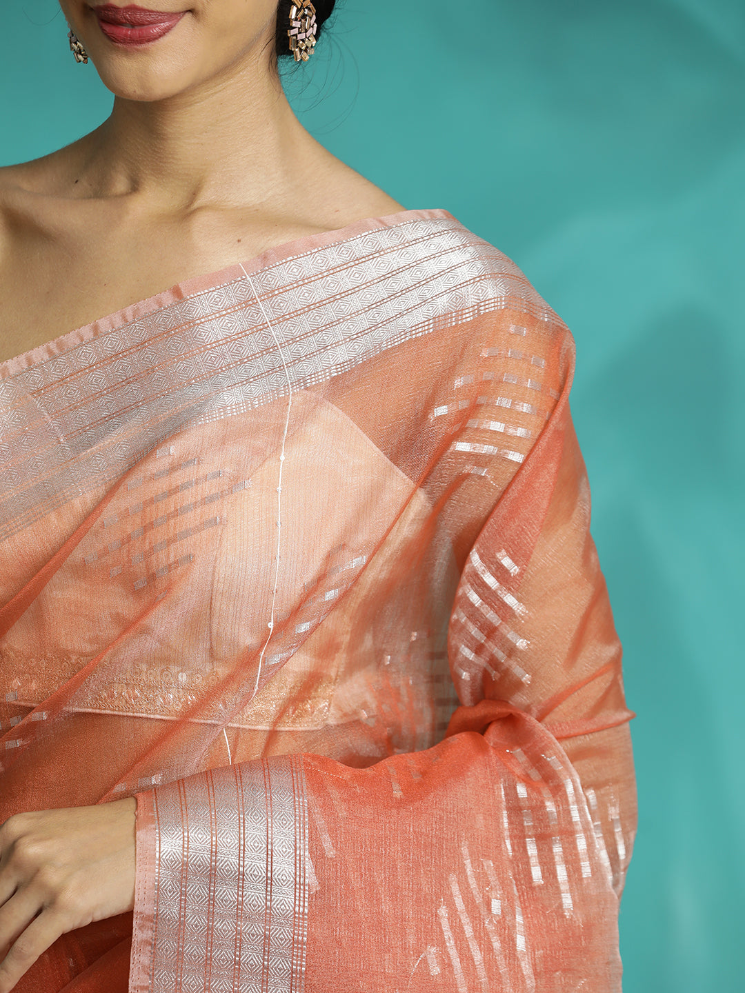 Party Wear Banarasi Organza Peach Saree