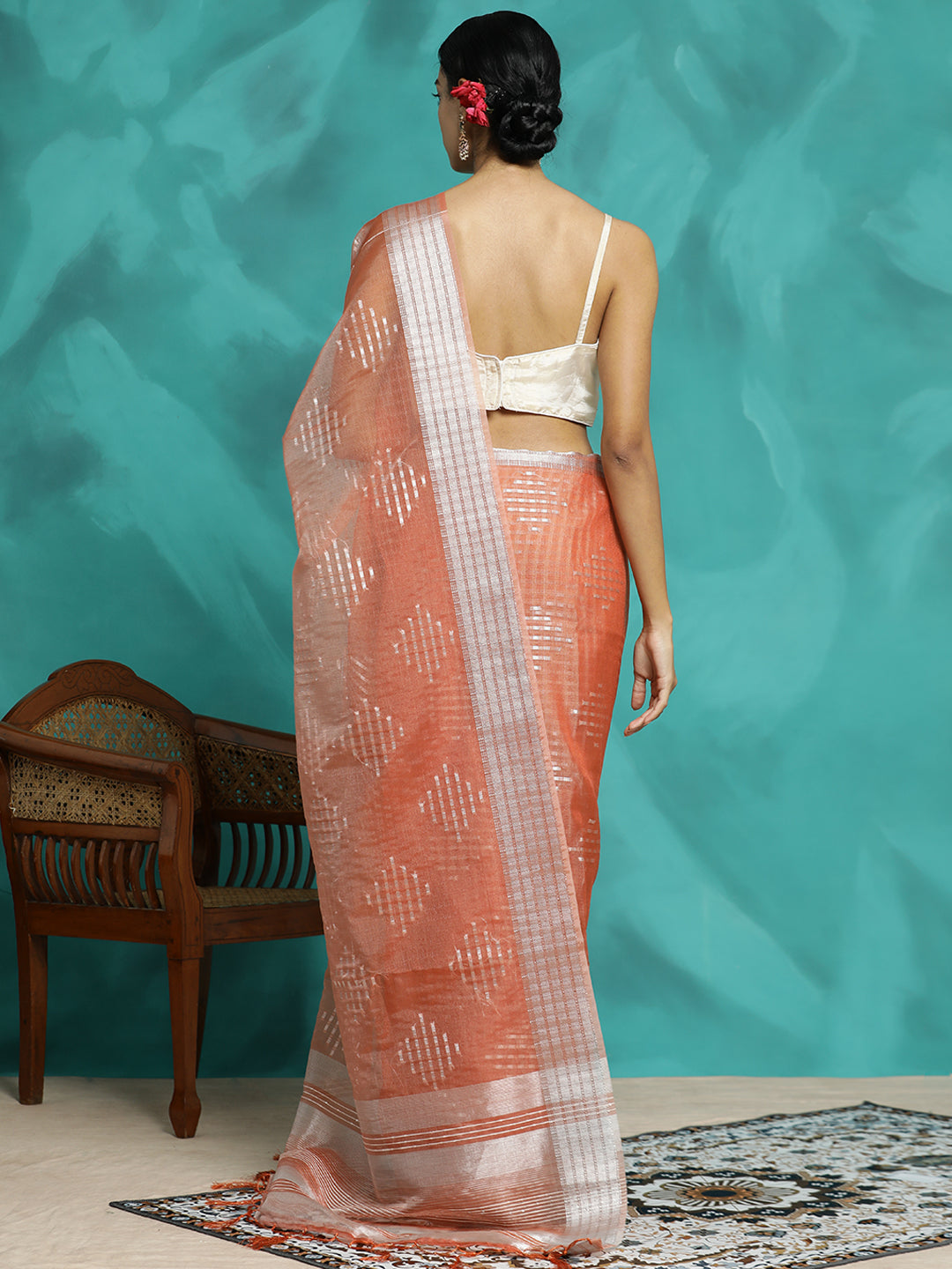 Party Wear Banarasi Organza Peach Saree