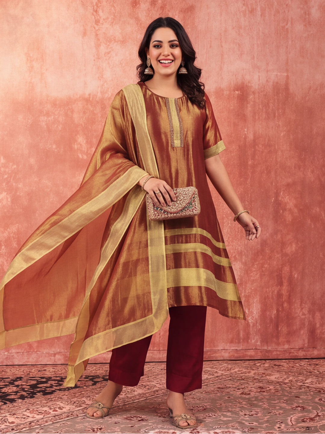 Solid Embroidered A-Line Tissue Silk Kurta & Palazzos Sets