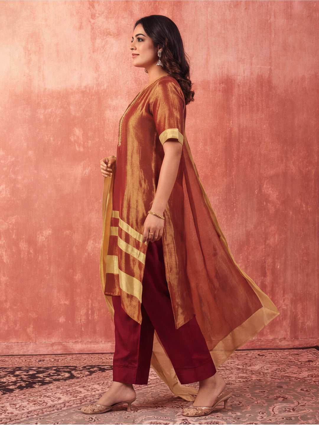 Solid Embroidered A-Line Tissue Silk Kurta & Palazzos Sets