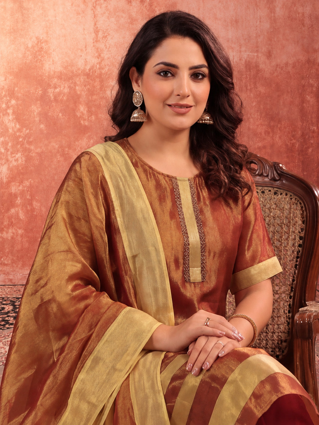Solid Embroidered A-Line Tissue Silk Kurta & Palazzos Sets