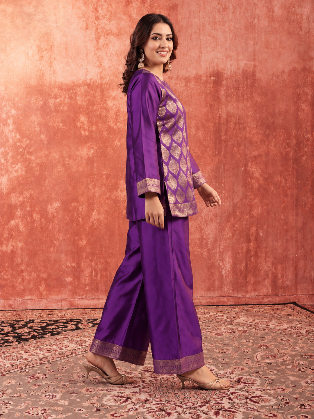 Floral Embroidered A-Line Silk Blend Kurta & Palazzos Sets