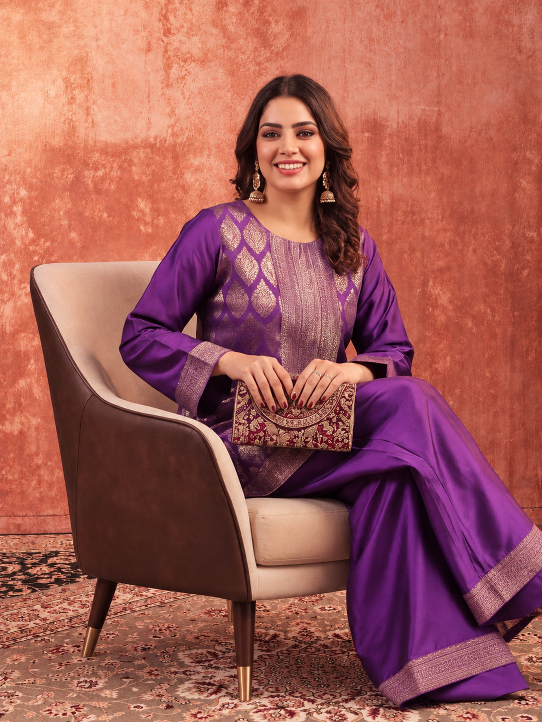 Floral Embroidered A-Line Silk Blend Kurta & Palazzos Sets