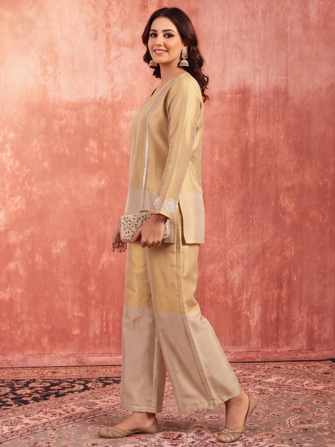 Solid Straight Tissue Silk Kurta & Palazzos Sets