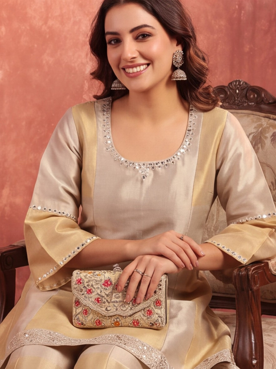 Solid A-Line Tissue Silk Kurta & Palazzos Sets