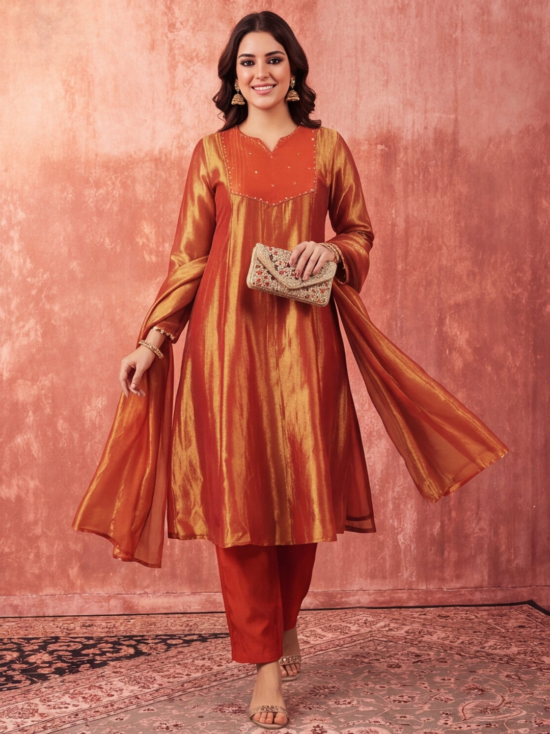 Solid A-Line Tissue Silk Kurta & Palazzos Sets