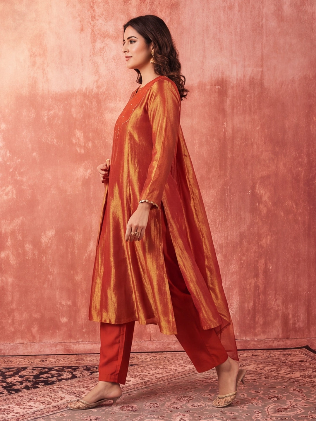 Solid A-Line Tissue Silk Kurta & Palazzos Sets