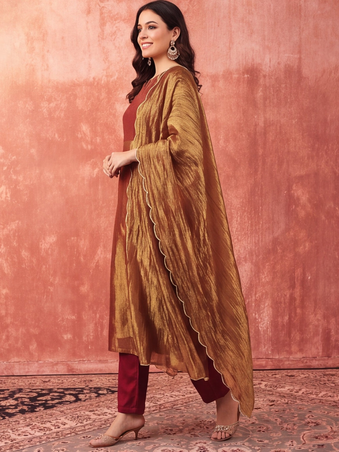 Solid A-Line Tissue Silk Kurta & Palazzos Sets