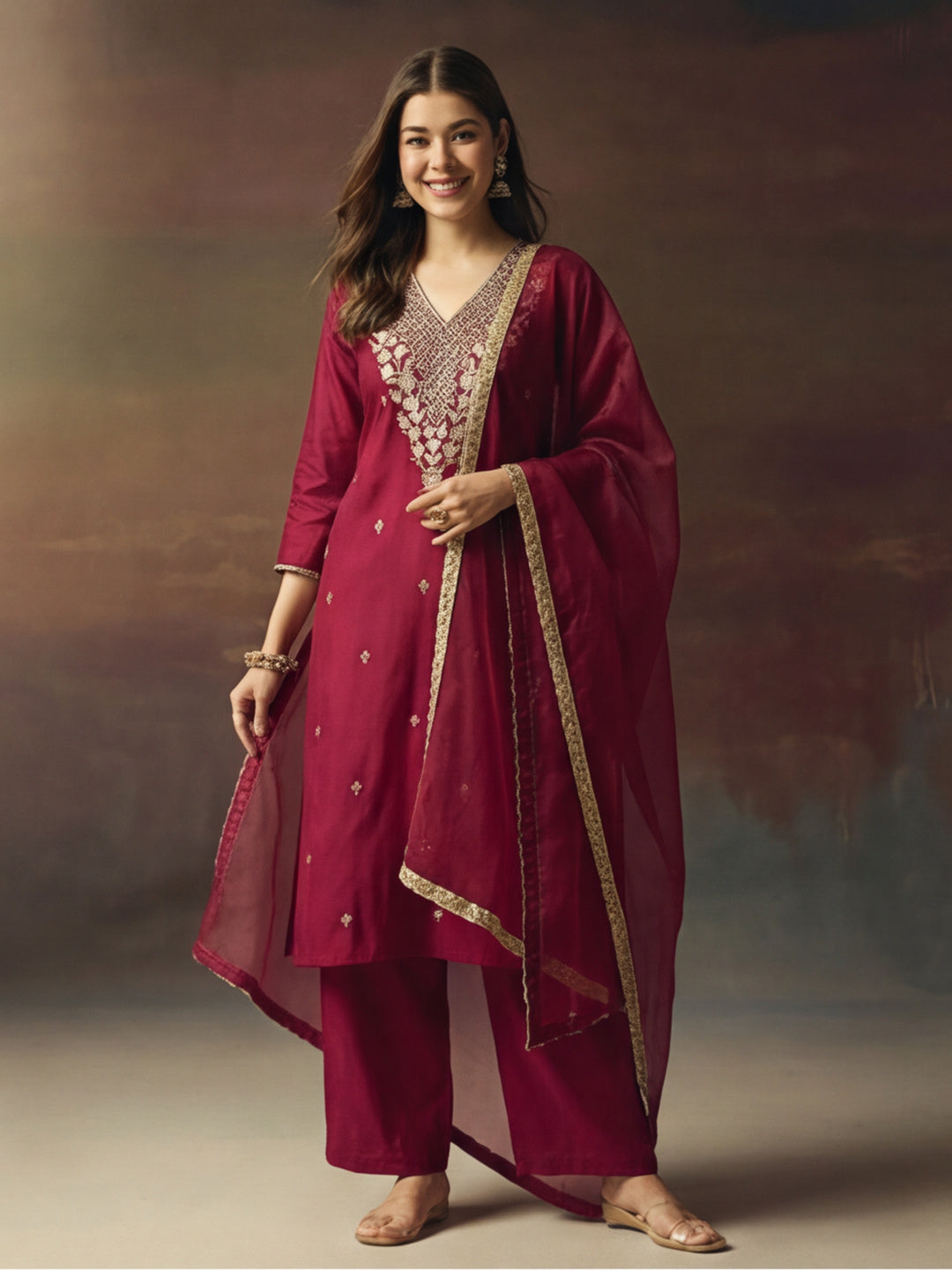 Embroidered Silk Blend Kurta pant & Organza Dupatta Set For Women