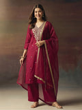 Embroidered Silk Blend Kurta pant & Organza Dupatta Set For Women