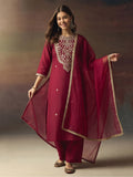 Embroidered Silk Blend Kurta pant & Organza Dupatta Set For Women