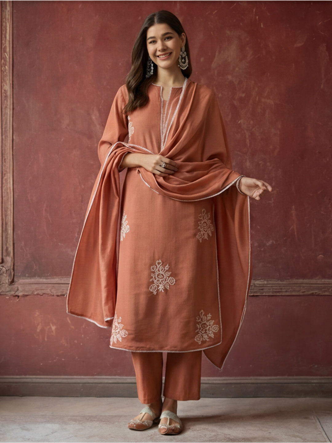 Embroidered Chanderi Cotton Kurta With Silk Blend pant & Chanderi Dupatta Set For Women