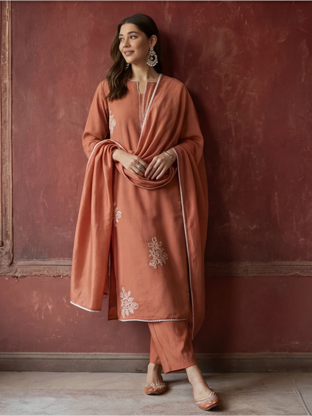Embroidered Chanderi Cotton Kurta With Silk Blend pant & Chanderi Dupatta Set For Women