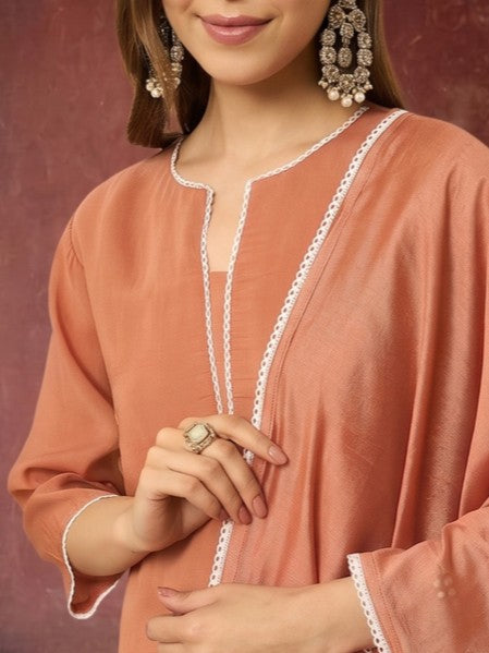Embroidered Chanderi Cotton Kurta With Silk Blend pant & Chanderi Dupatta Set For Women