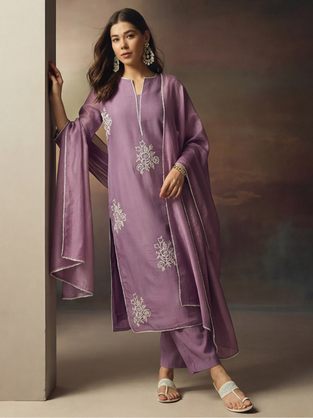 Embroidered Chanderi Cotton Kurta With Silk Blend pant & Chanderi Dupatta Set For Women