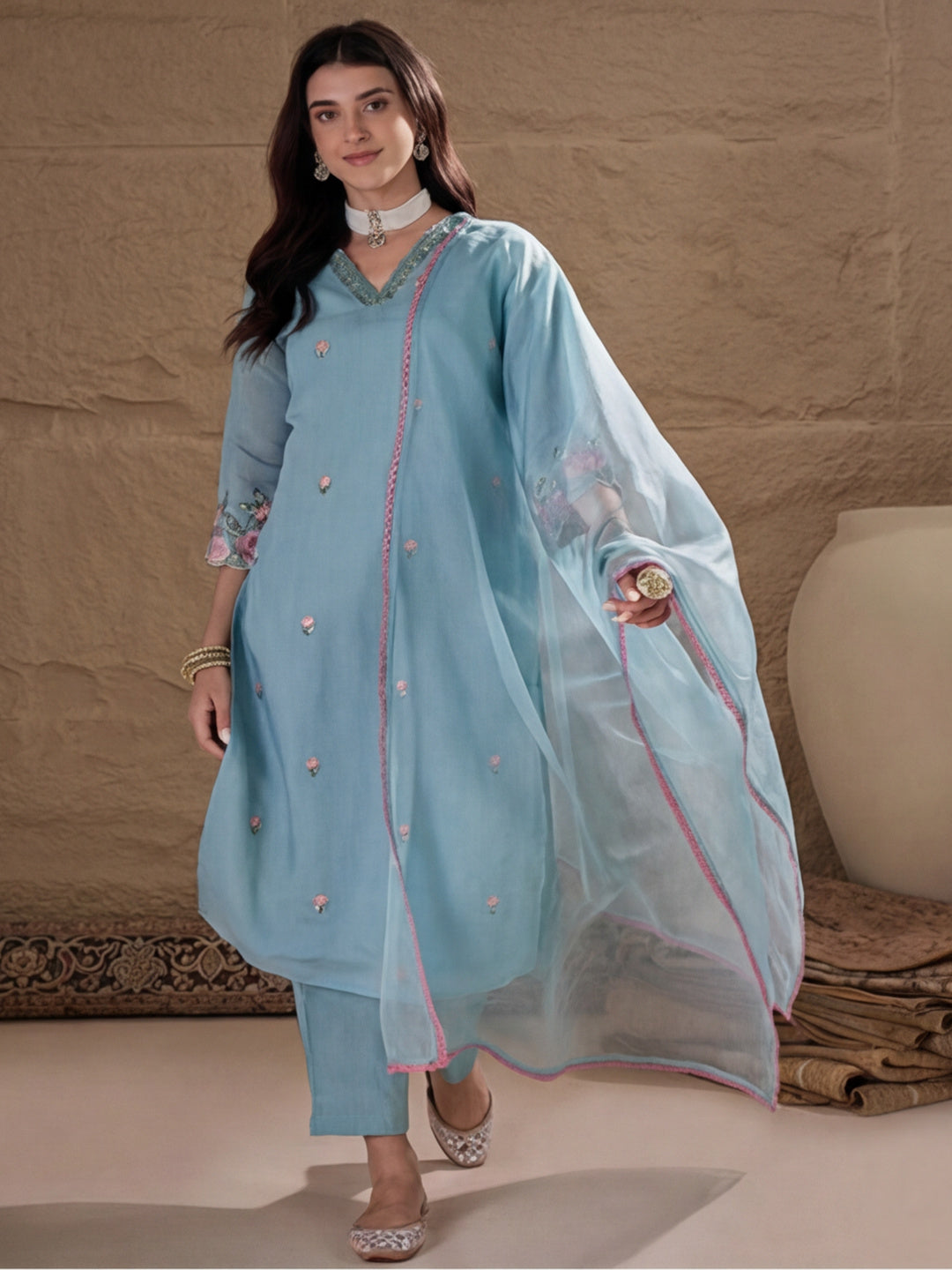 Embroidered Chanderi Cotton Kurta With Silk Blend pant & Organza Dupatta Set For Women