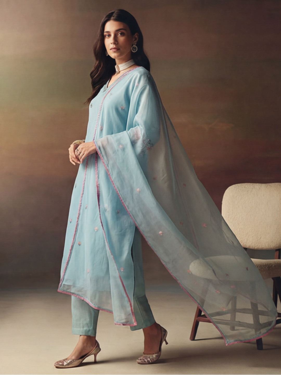 Embroidered Chanderi Cotton Kurta With Silk Blend pant & Organza Dupatta Set For Women