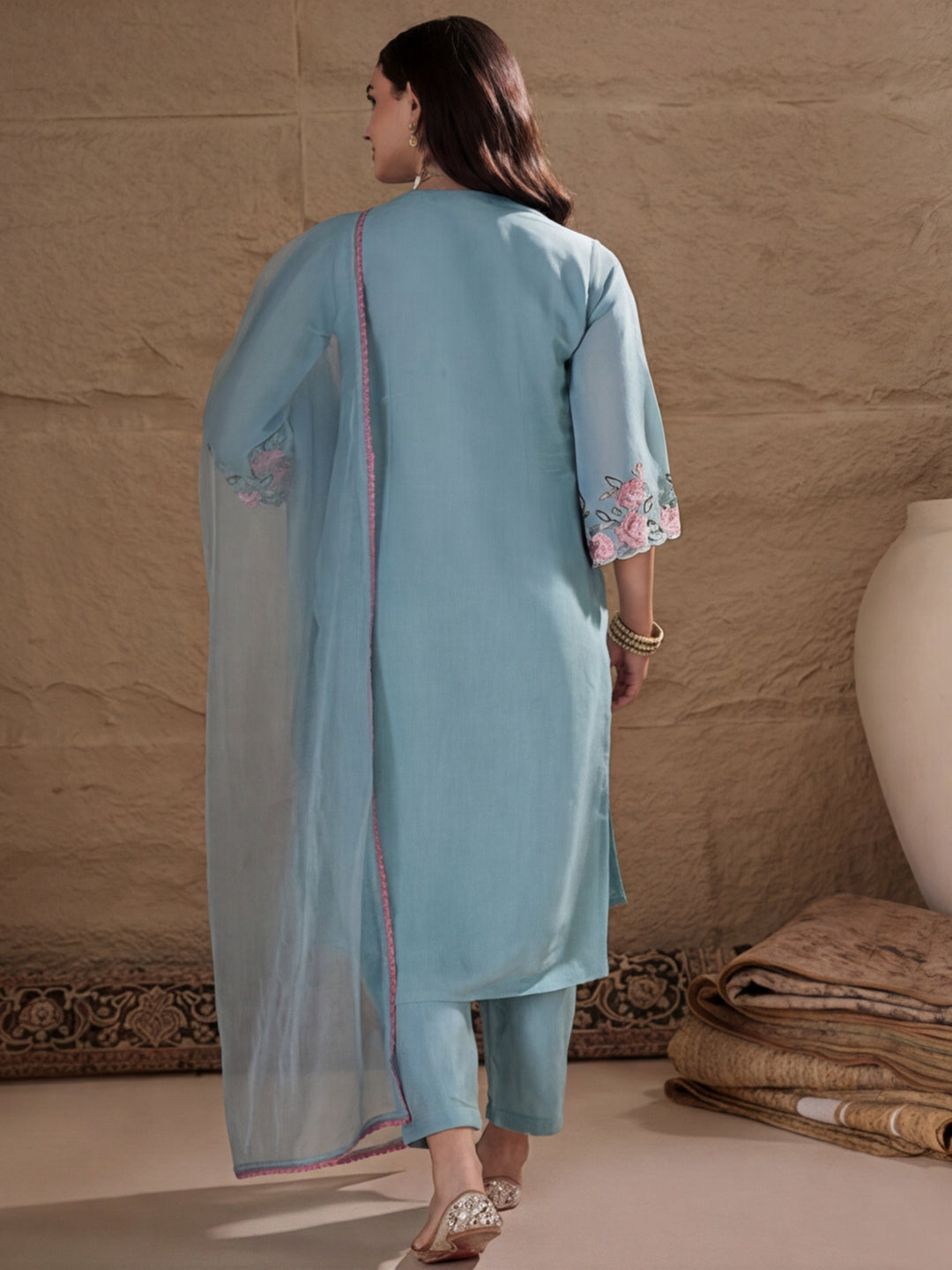 Embroidered Chanderi Cotton Kurta With Silk Blend pant & Organza Dupatta Set For Women