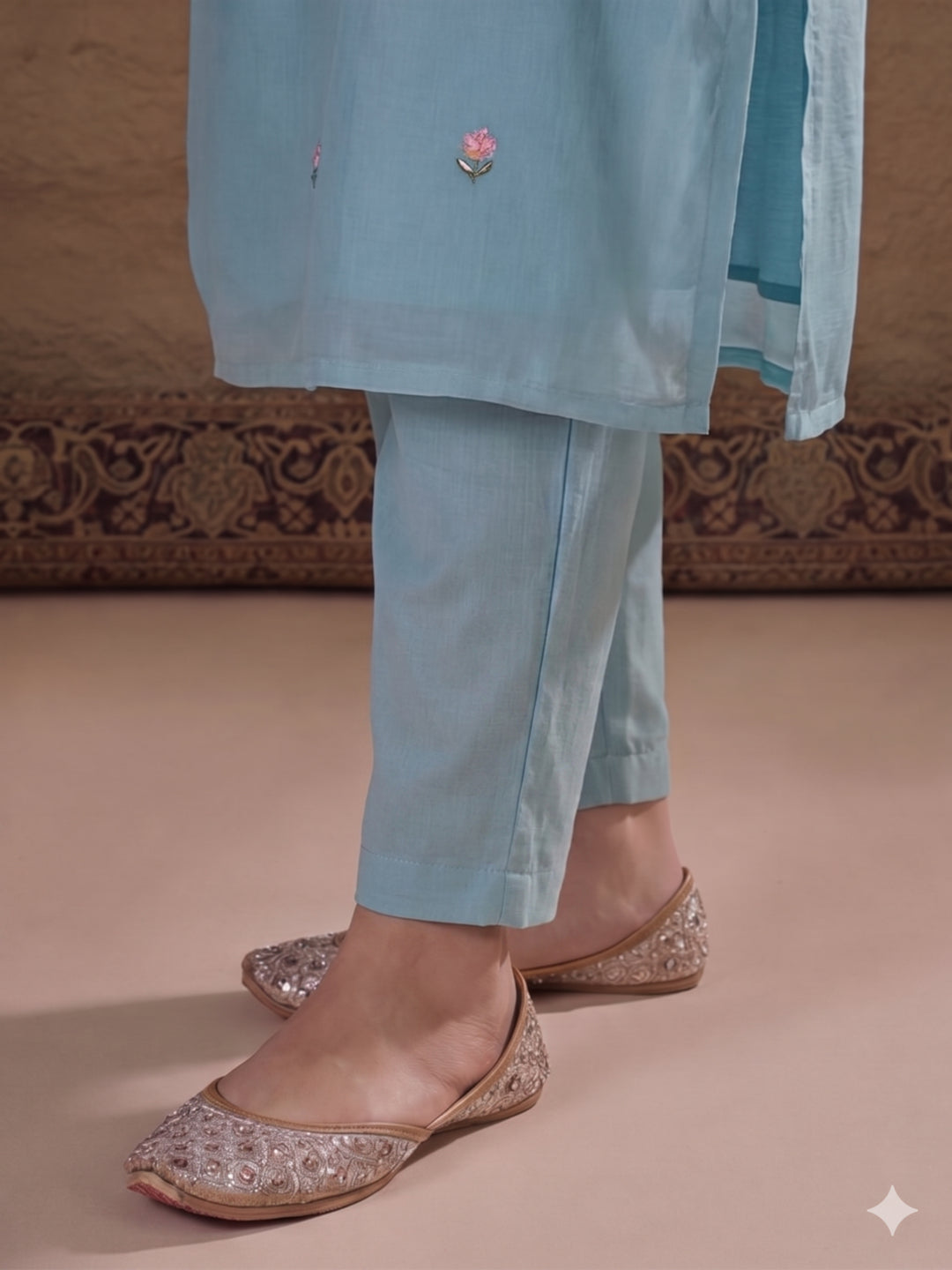 Embroidered Chanderi Cotton Kurta With Silk Blend pant & Organza Dupatta Set For Women