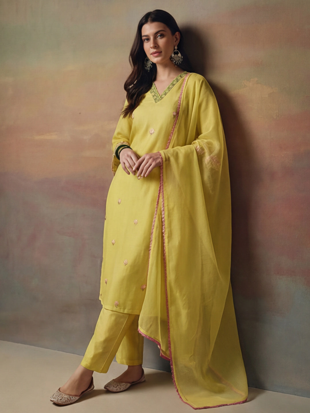 Embroidered Chanderi Cotton Kurta With Silk Blend pant & Organza Dupatta Set For Women