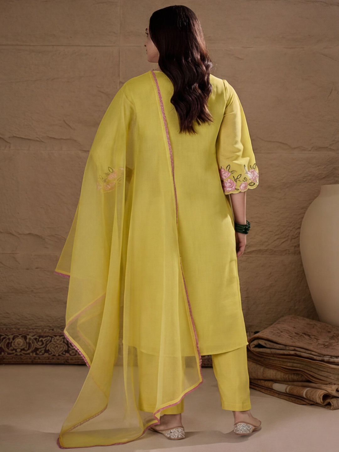 Embroidered Chanderi Cotton Kurta With Silk Blend pant & Organza Dupatta Set For Women