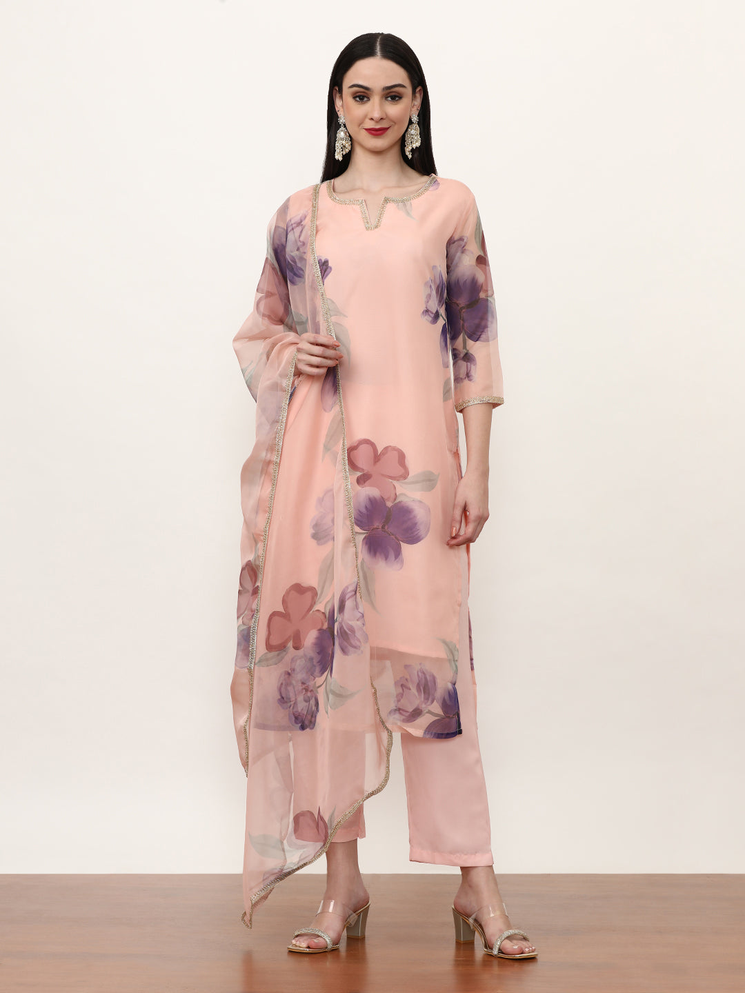 Printed Organza Floral Kurta Sets With Organza Dupatta