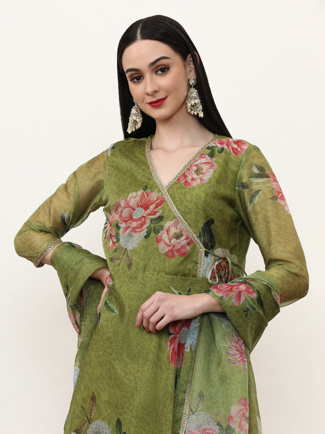 Printed Organza Floral Kurta Sets With Organza Dupatta