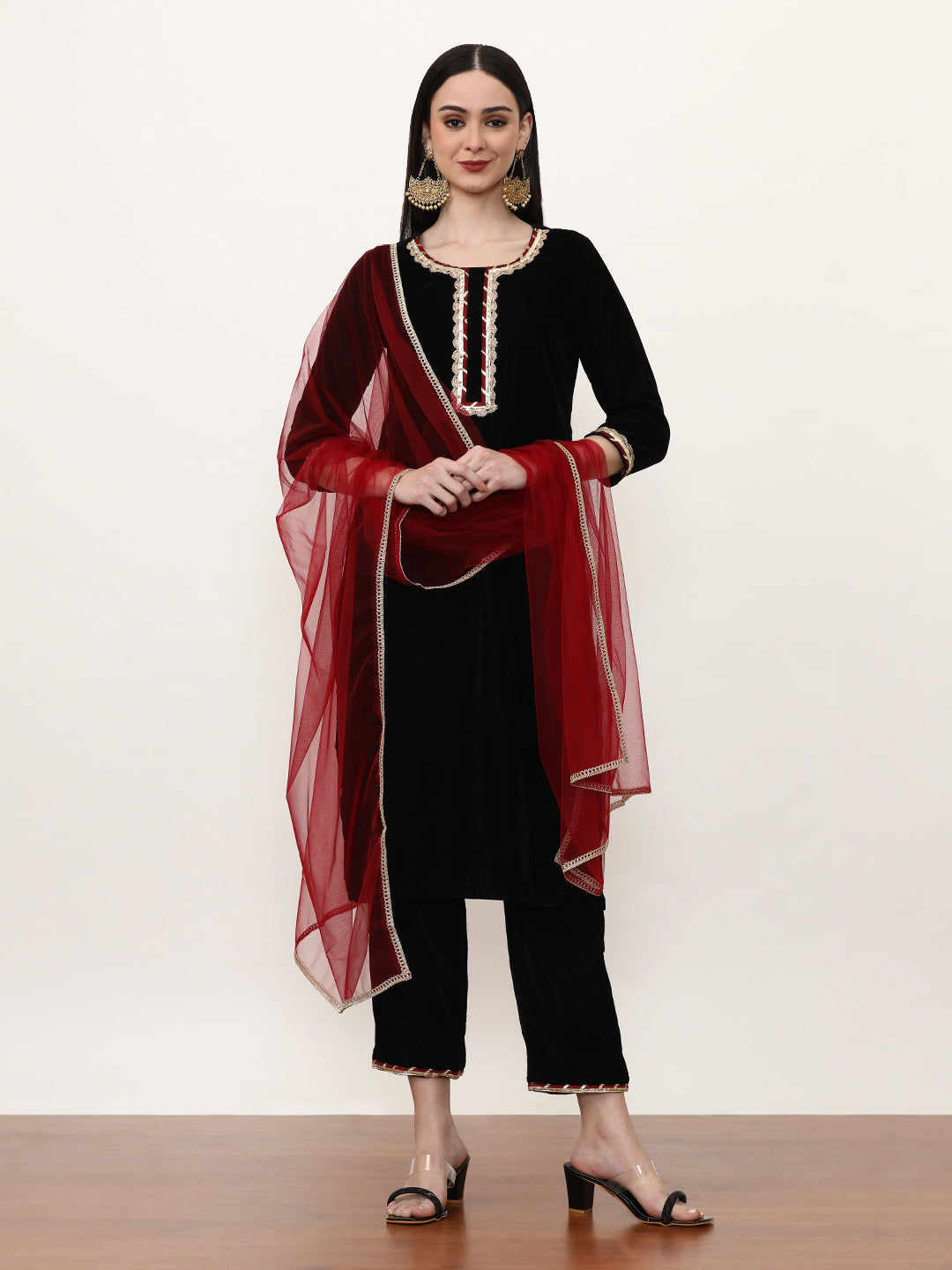 Embroidered Velvet Solid Kurta Sets With Net Dupatta