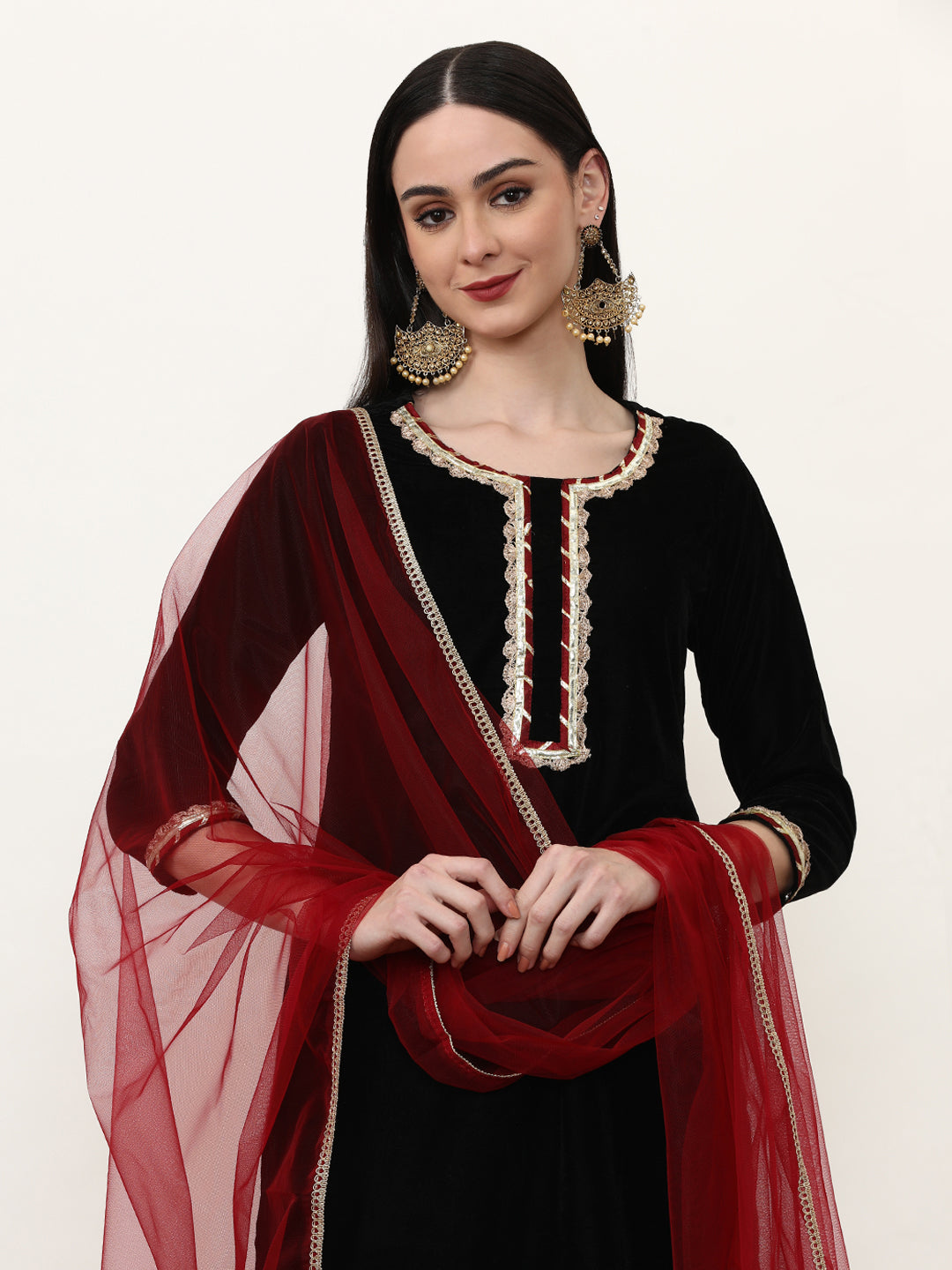 Embroidered Velvet Solid Kurta Sets With Net Dupatta