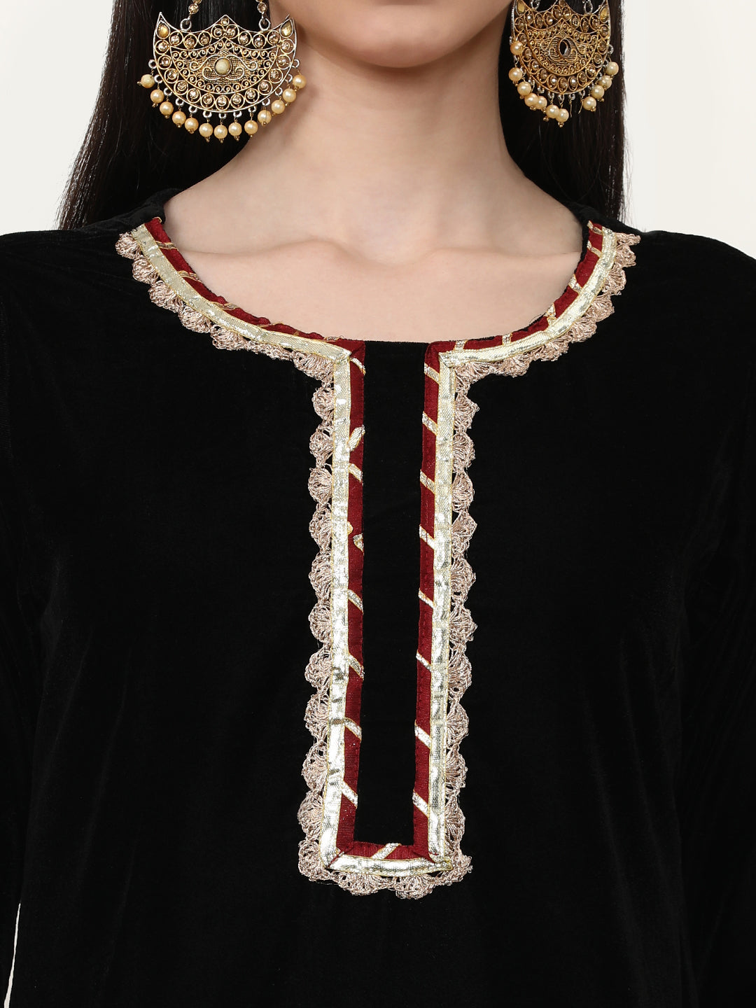 Embroidered Velvet Solid Kurta Sets With Net Dupatta