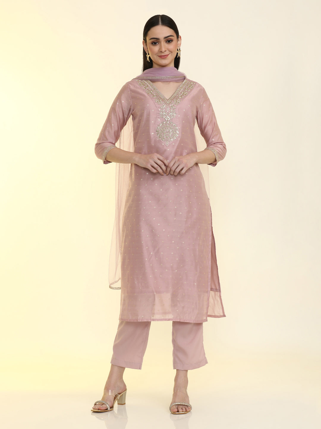 Embroidered Chanderi Cotton Solid Kurta Sets With Net Dupatta